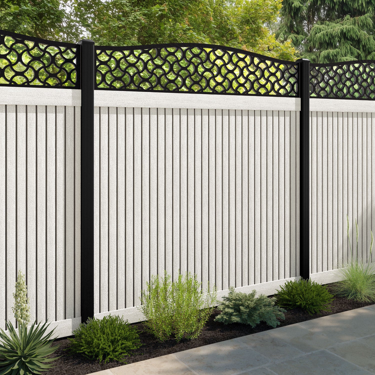 Virtis Vida Curved Top Fence Panel - Light Stone - with our aluminium posts