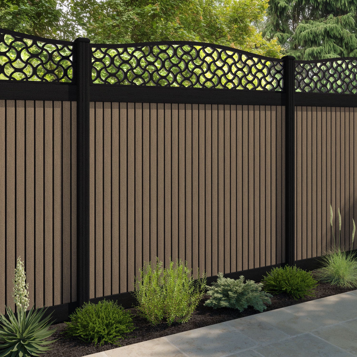 Virtis Vida Curved Top Fence Panel - Teak - with our aluminium posts