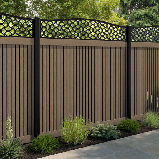 Virtis Vida Curved Top Fence Panel - Teak - with our aluminium posts