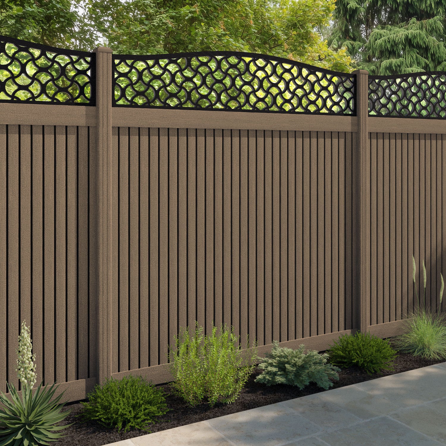Virtis Vida Curved Top Fence Panel - Teak - with our composite posts
