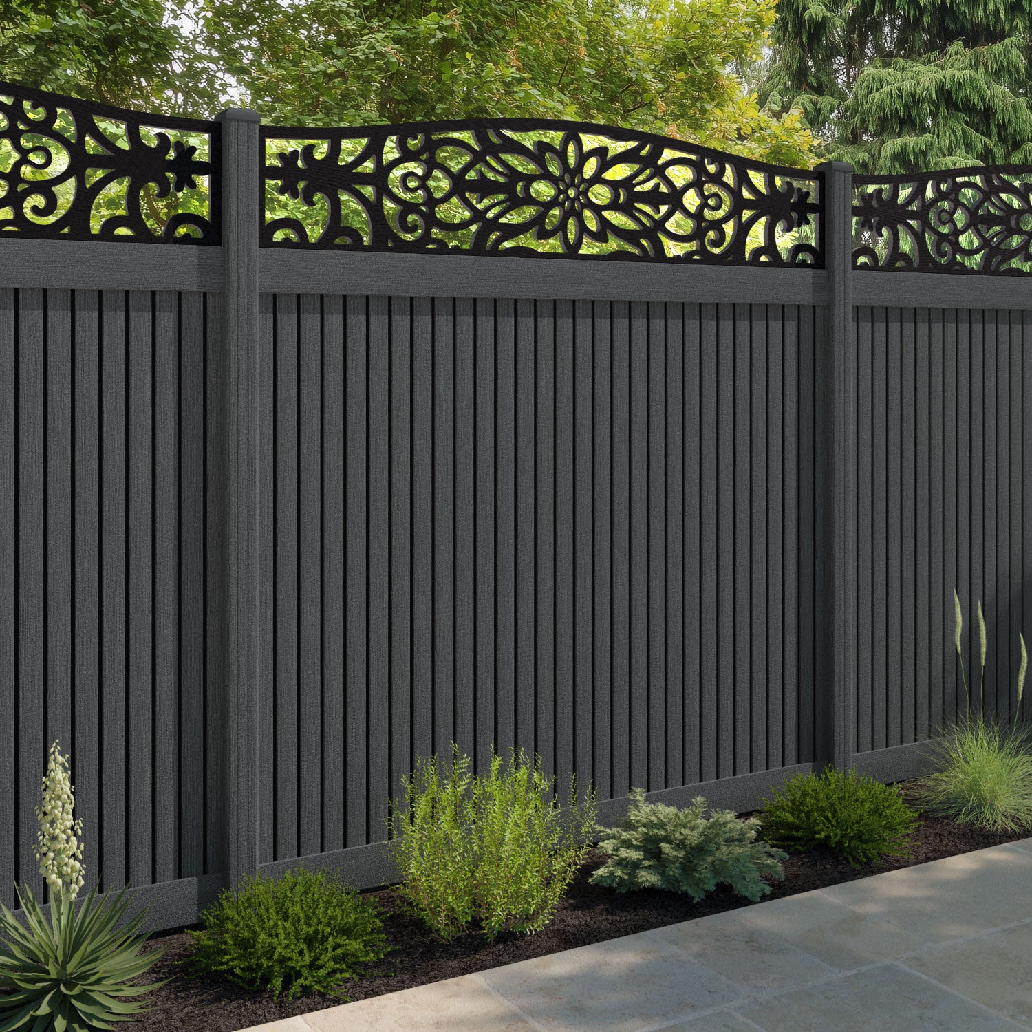 Virtis Windsor Curved Top Fence Panel - Dark Grey - with our composite posts