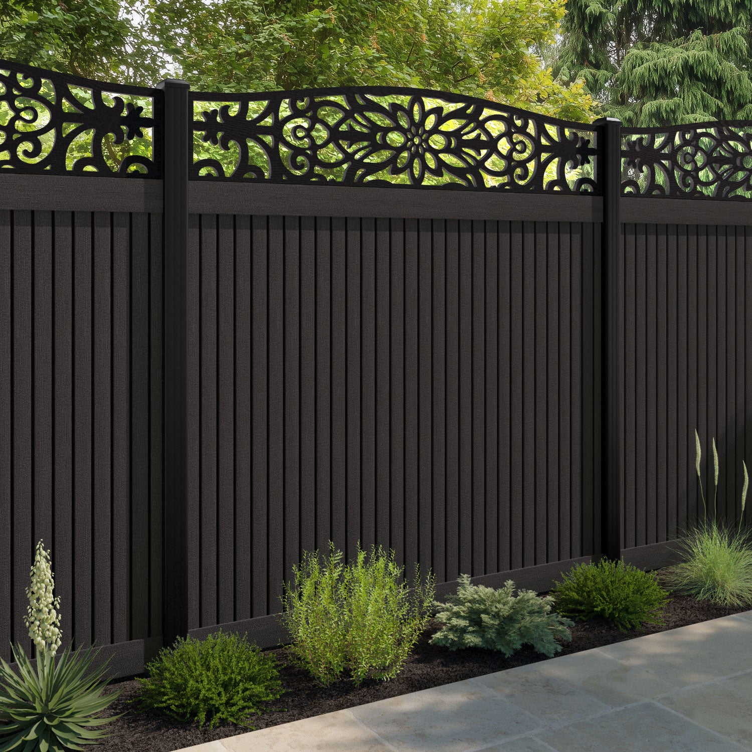 Virtis Windsor Curved Top Fence Panel - Dark Oak - with our composite posts