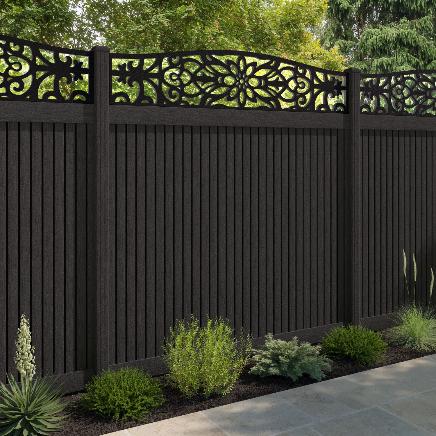 Virtis Windsor Curved Top Fence Panel - Dark Oak - with our composite posts