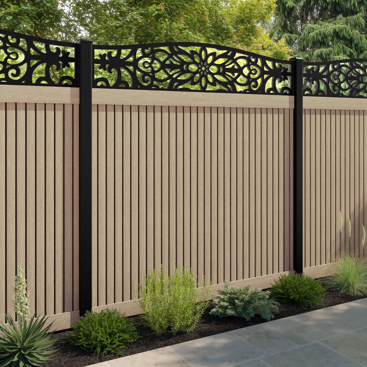 Virtis Windsor Curved Top Fence Panel - Light Oak - with our aluminium posts