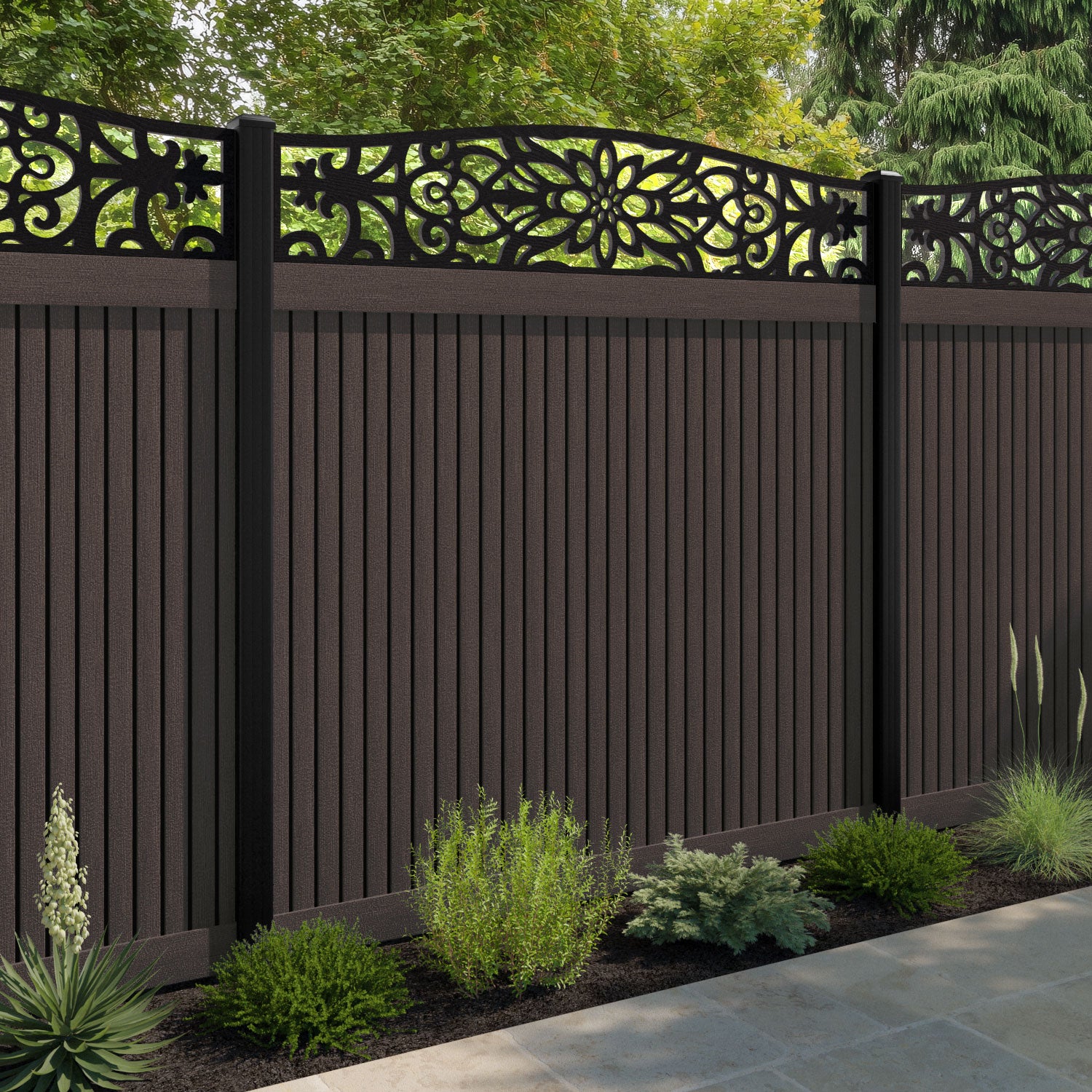 Virtis Windsor Curved Top Fence Panel - Mid Brown - with our aluminium posts