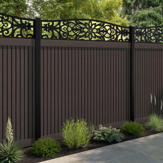 Virtis Windsor Curved Top Fence Panel - Mid Brown - with our aluminium posts