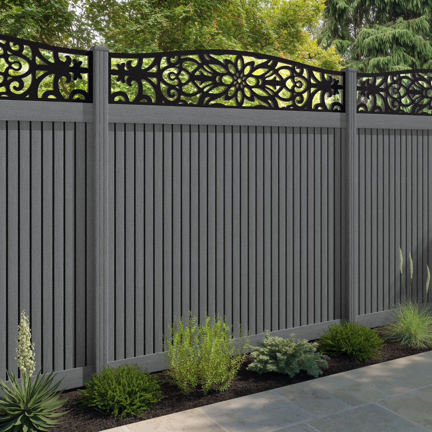 Virtis Windsor Curved Top Fence Panel - Mid Grey - with our composite posts