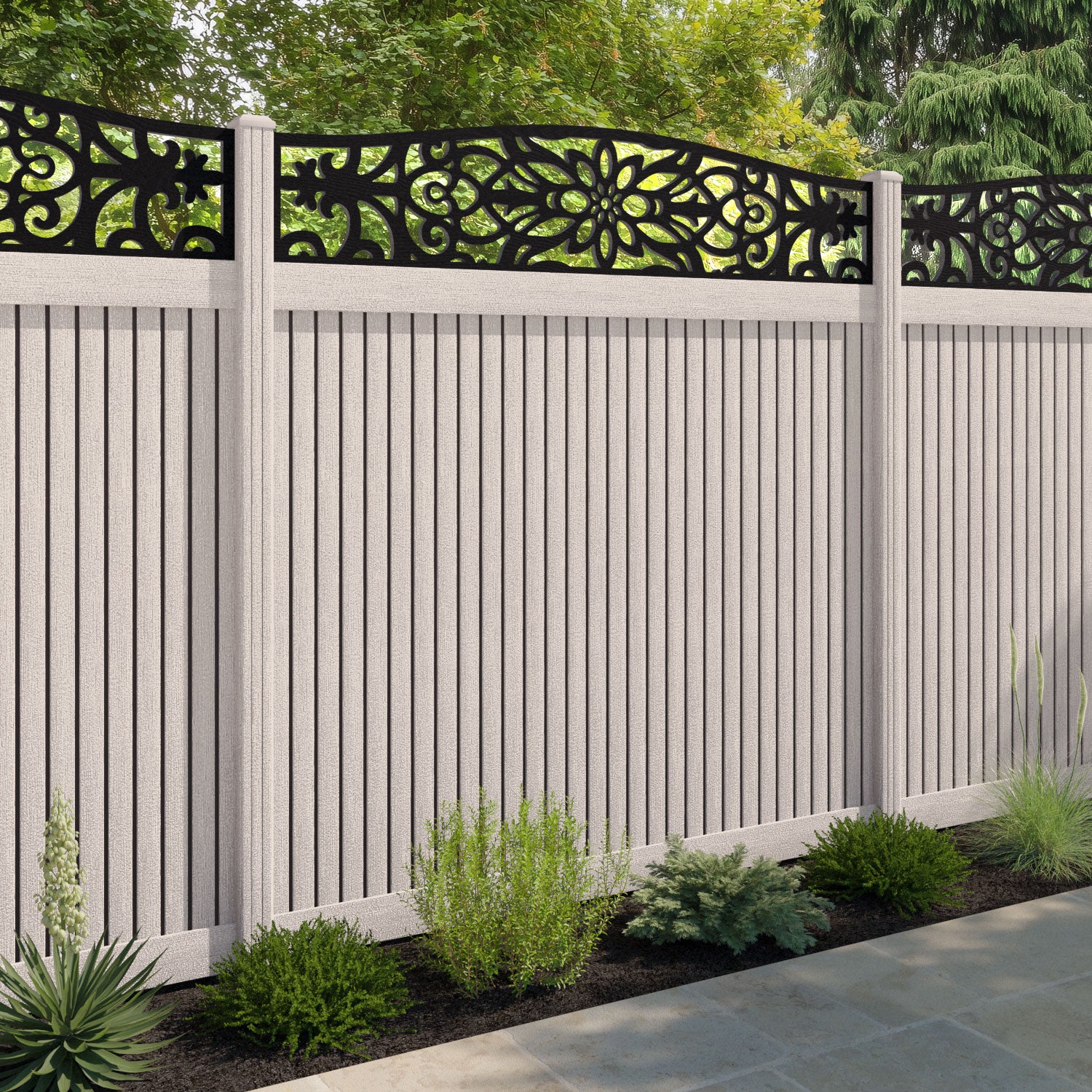 Virtis Windsor Curved Top Fence Panel - Mid Stone - with our composite posts