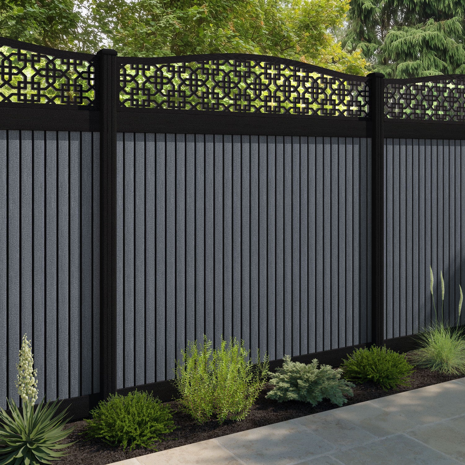 Virtis Zaria Curved Top Fence Panel - Anthracite - with our composite posts