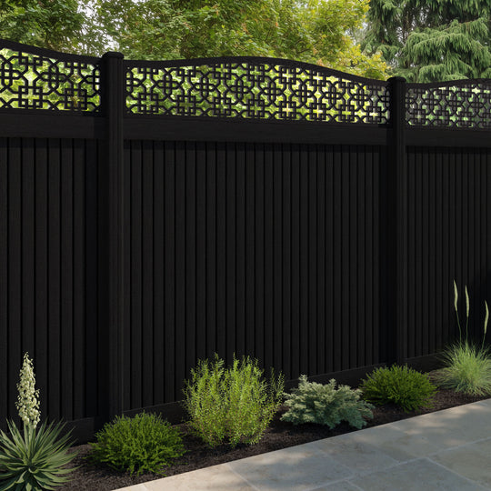 Virtis Zaria Curved Top Fence Panel - Black - with our aluminium posts