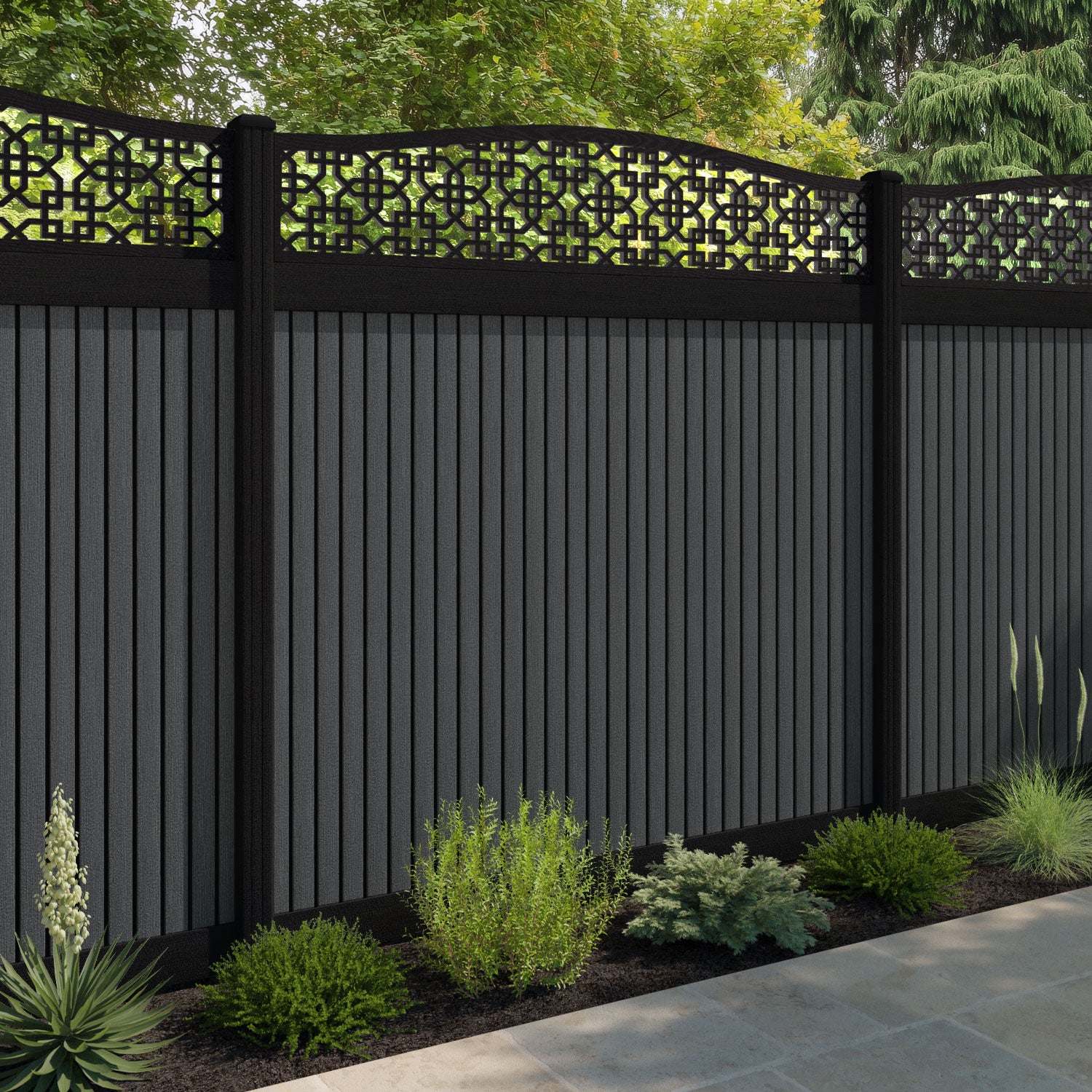 Virtis Zaria Curved Top Fence Panel - Dark Grey - with our aluminium posts