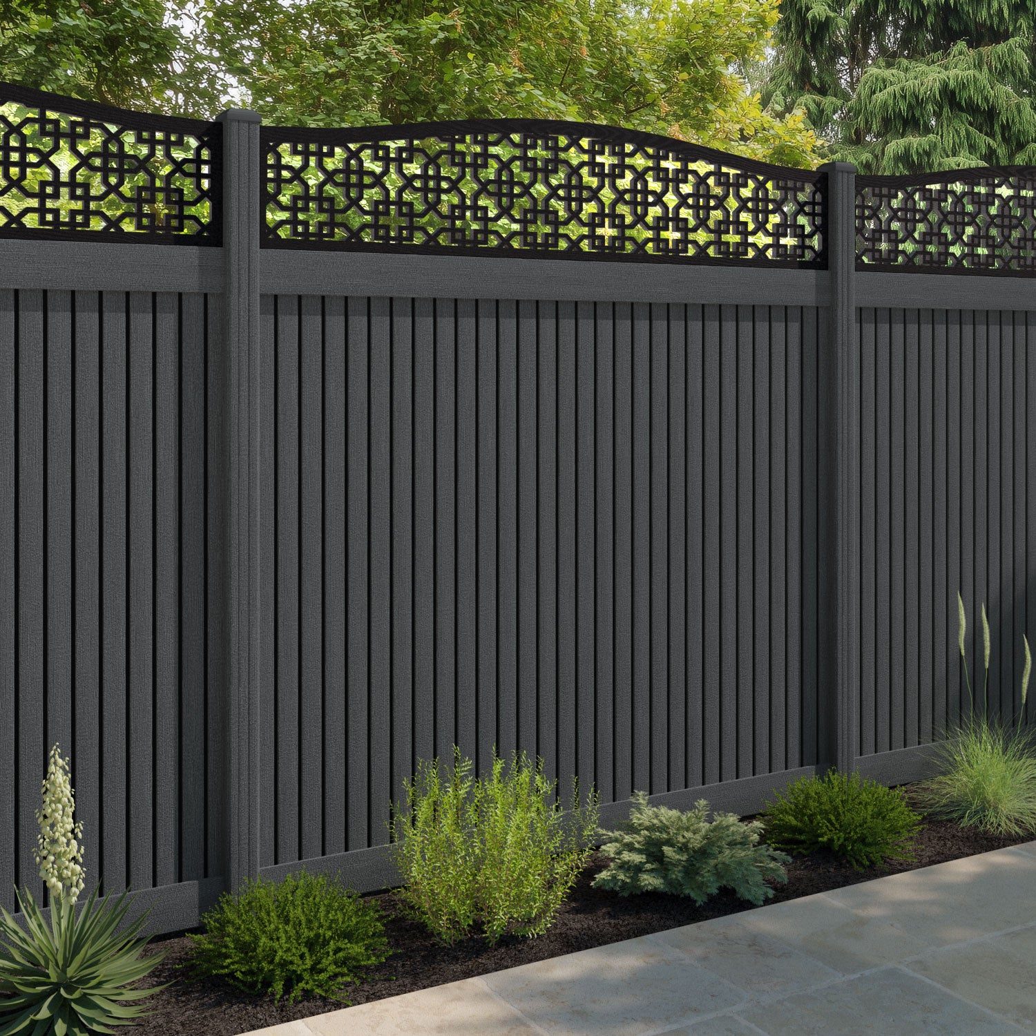 Virtis Zaria Curved Top Fence Panel - Dark Grey - with our composite posts