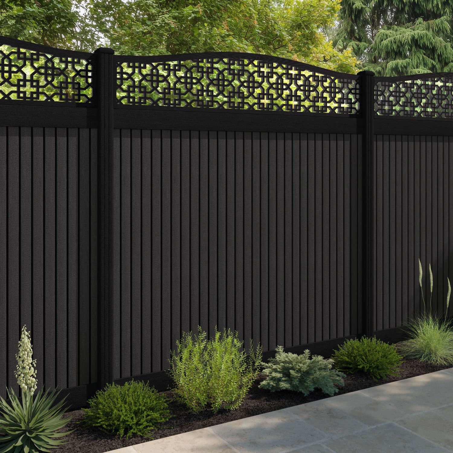 Virtis Zaria Curved Top Fence Panel - Dark Oak - with our aluminium posts