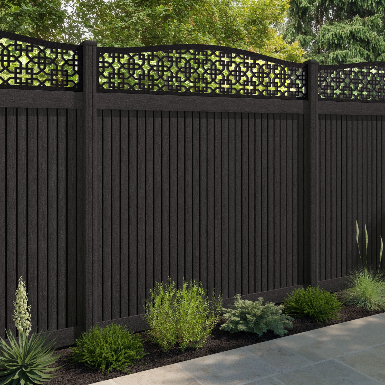 Virtis Zaria Curved Top Fence Panel - Dark Oak - with our composite posts
