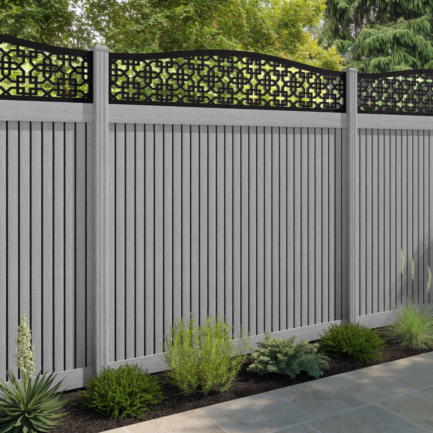 Virtis Zaria Curved Top Fence Panel - Light Grey - with our composite posts