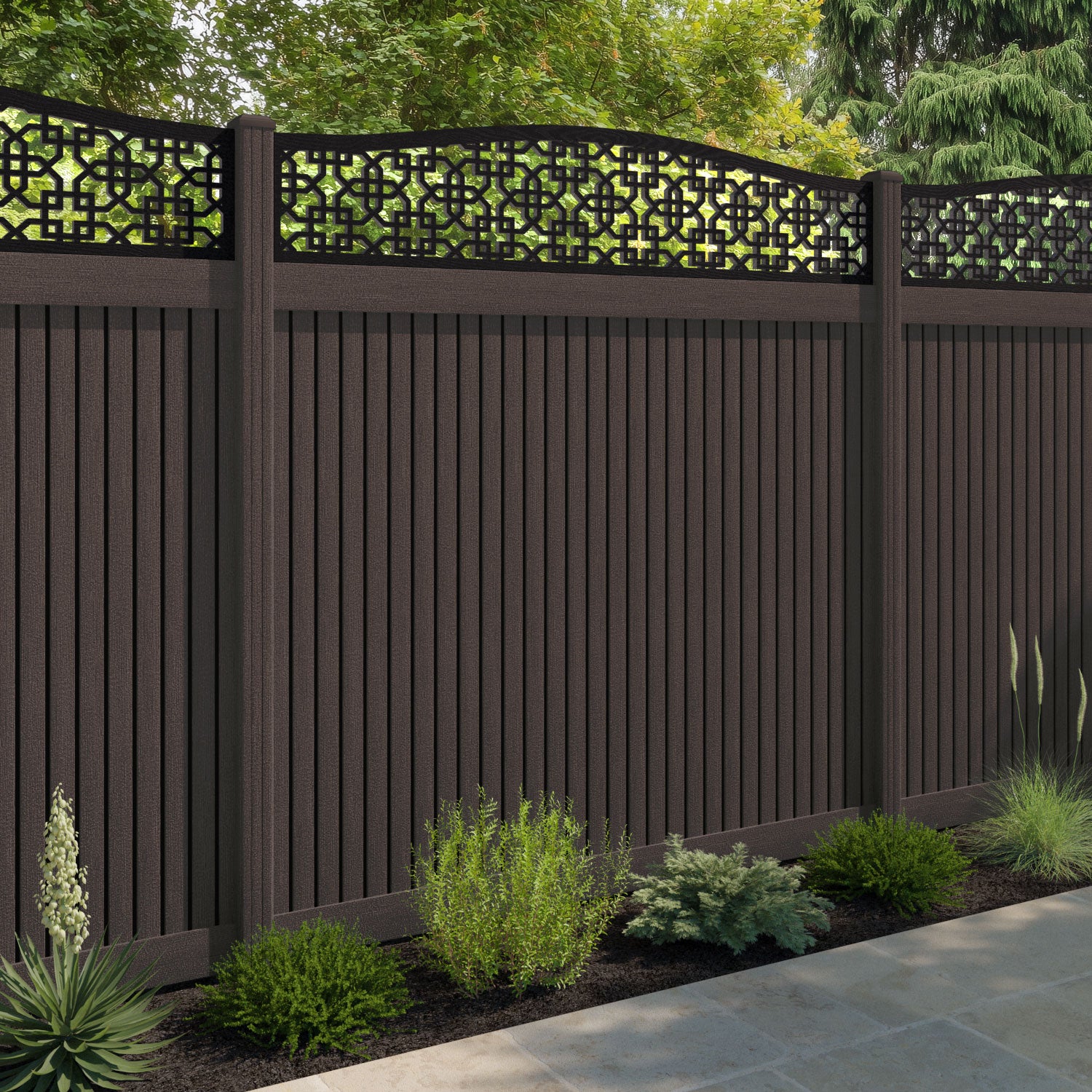 Virtis Zaria Curved Top Fence Panel - Mid Brown - with our composite posts