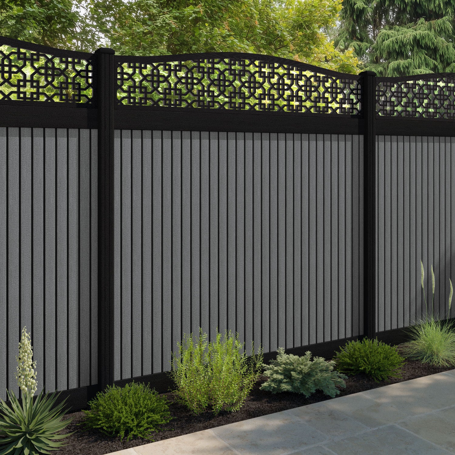 Virtis Zaria Curved Top Fence Panel - Mid Grey - with our composite posts