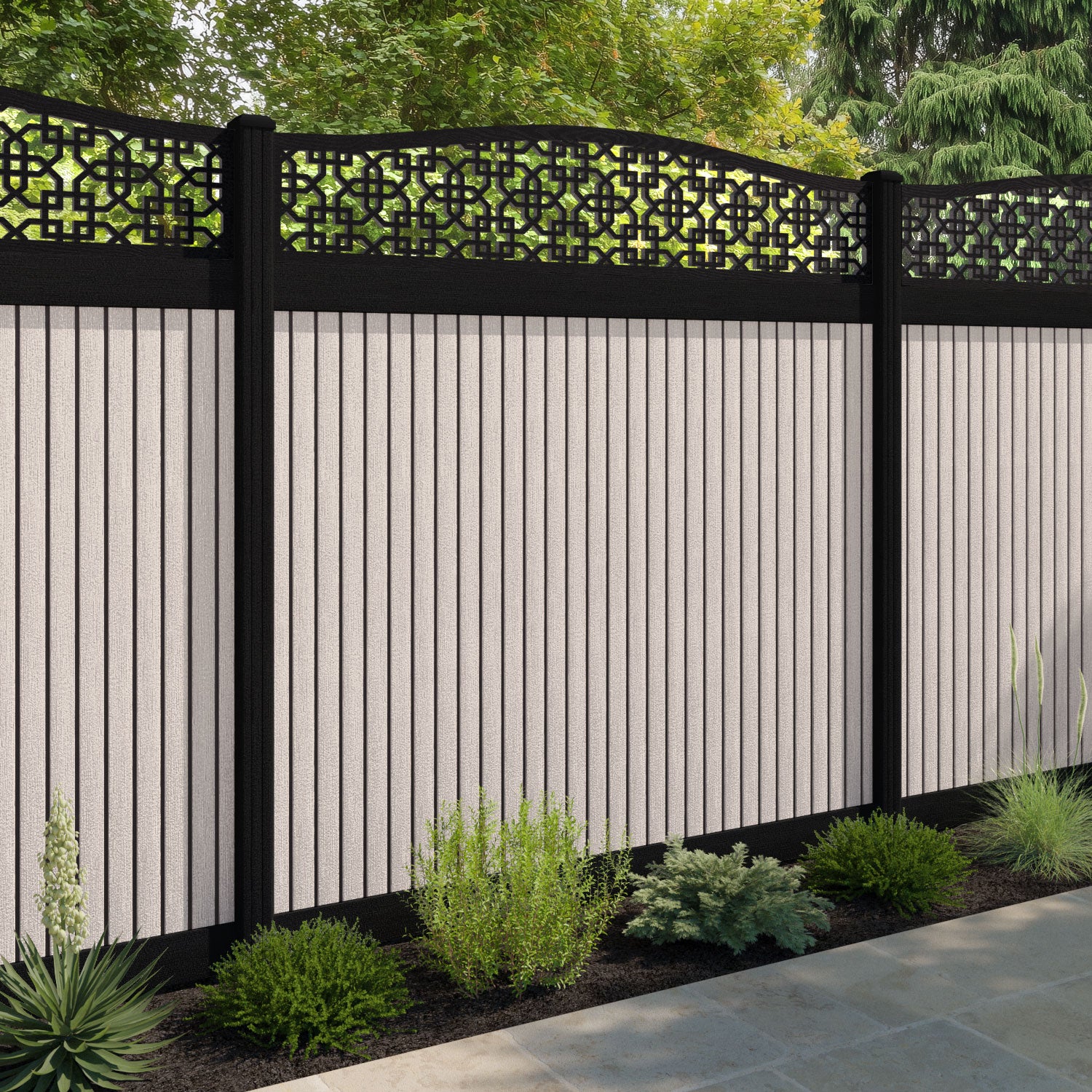 Virtis Zaria Curved Top Fence Panel - Mid Stone - with our aluminium posts