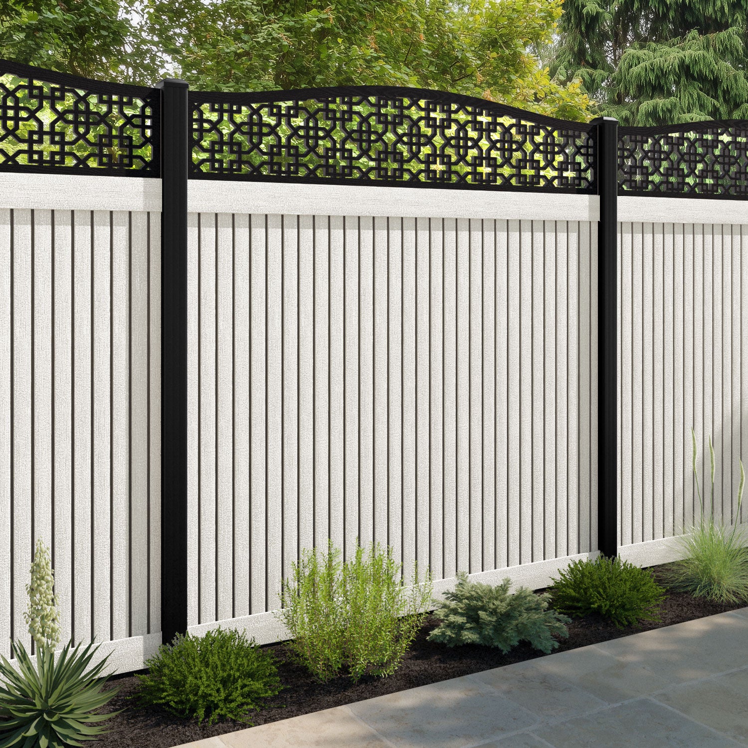 Virtis Zaria Curved Top Fence Panel - Light Stone - with our aluminium posts