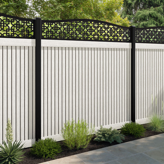 Virtis Zaria Curved Top Fence Panel - Light Stone - with our aluminium posts