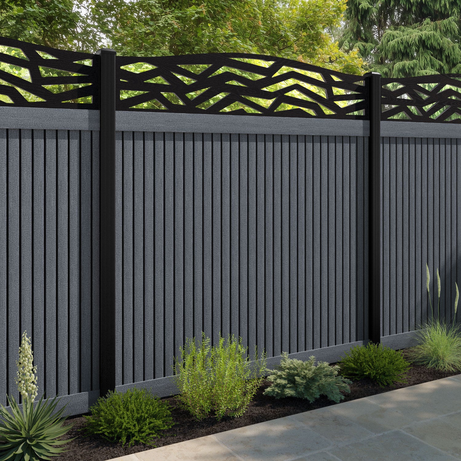 Virtis Zenith Curved Top Fence Panel - Anthracite - with our composite posts