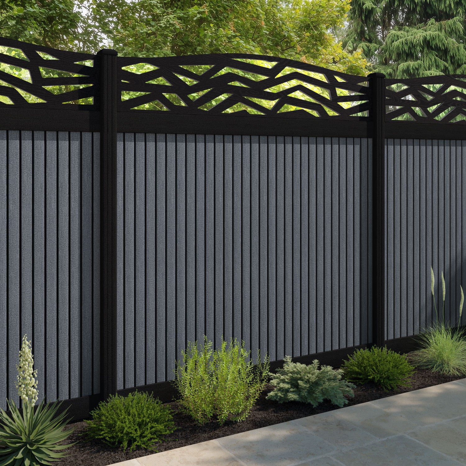 Virtis Zenith Curved Top Fence Panel - Anthracite - with our composite posts