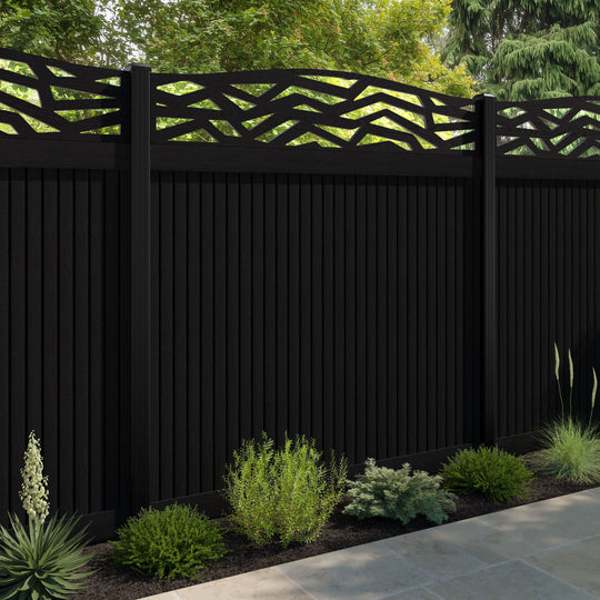 Virtis Zenith Curved Top Fence Panel - Black - with our aluminium posts