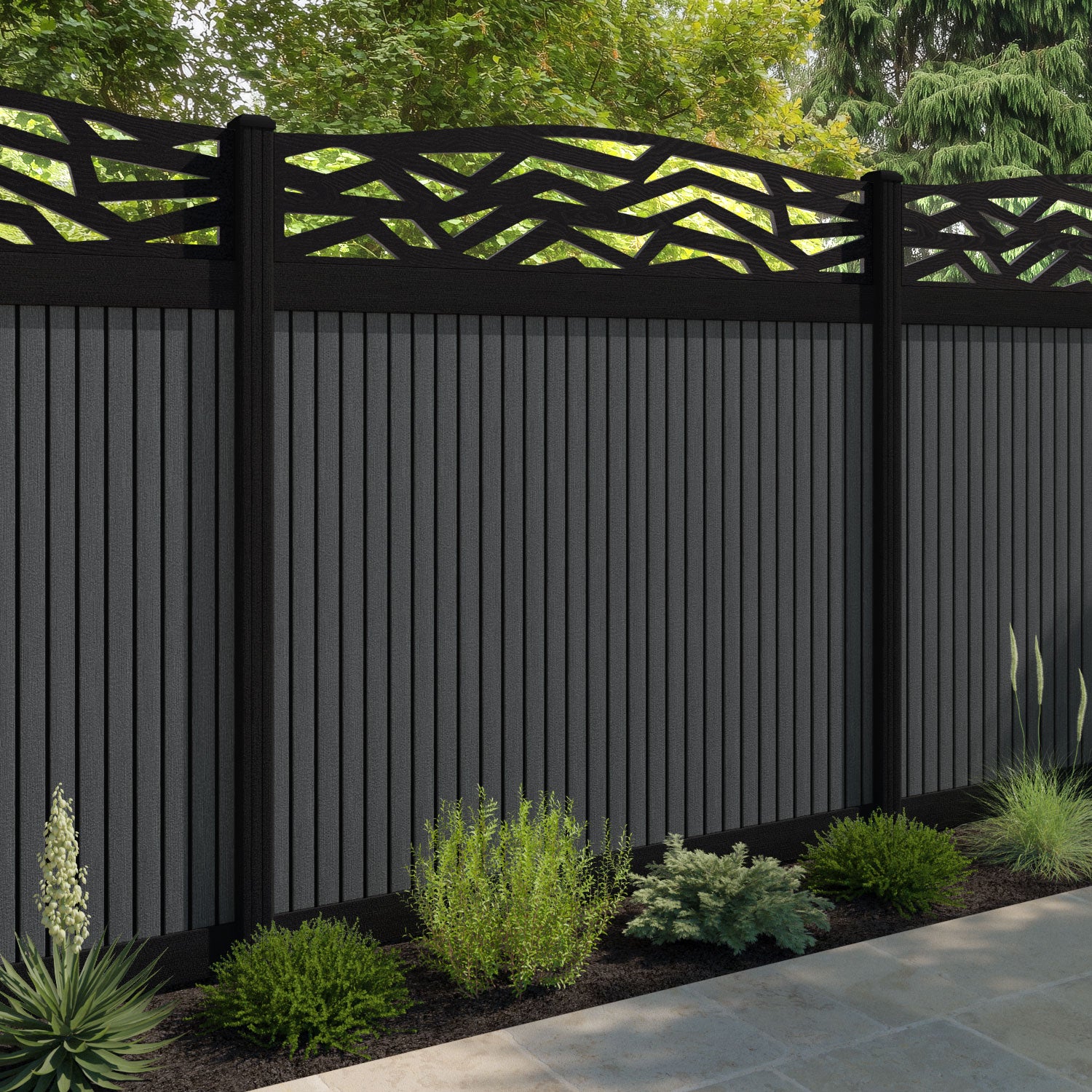 Virtis Zenith Curved Top Fence Panel - Dark Grey - with our composite posts