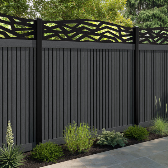 Virtis Zenith Curved Top Fence Panel - Dark Grey - with our aluminium posts