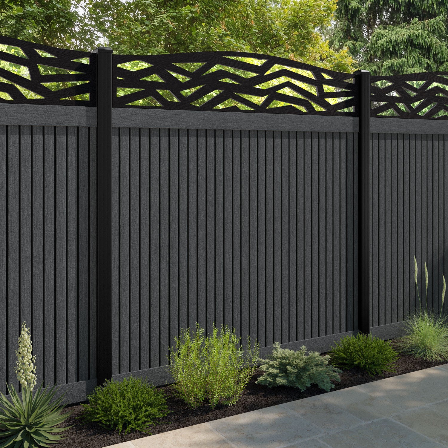 Virtis Zenith Curved Top Fence Panel - Dark Grey - with our composite posts