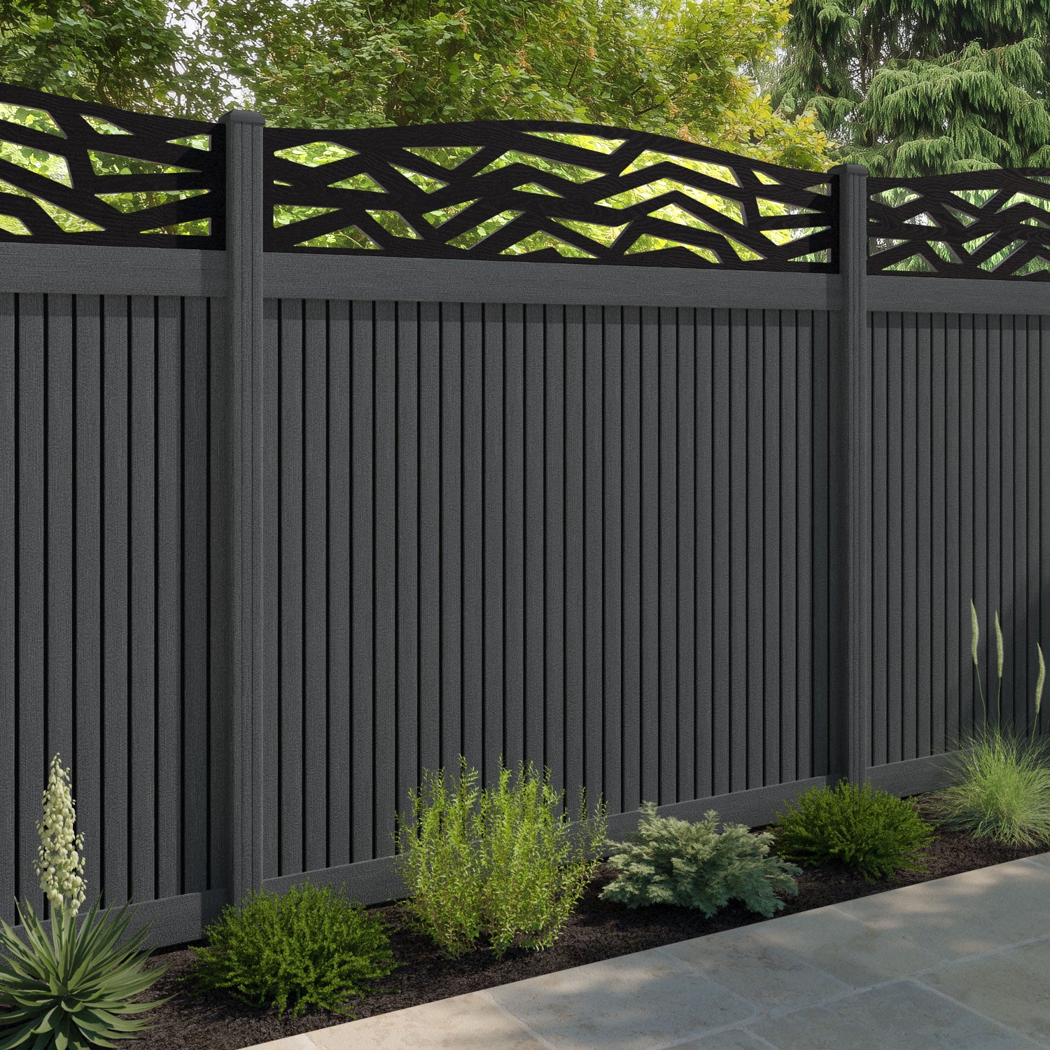 Virtis Zenith Curved Top Fence Panel - Dark Grey - with our composite posts