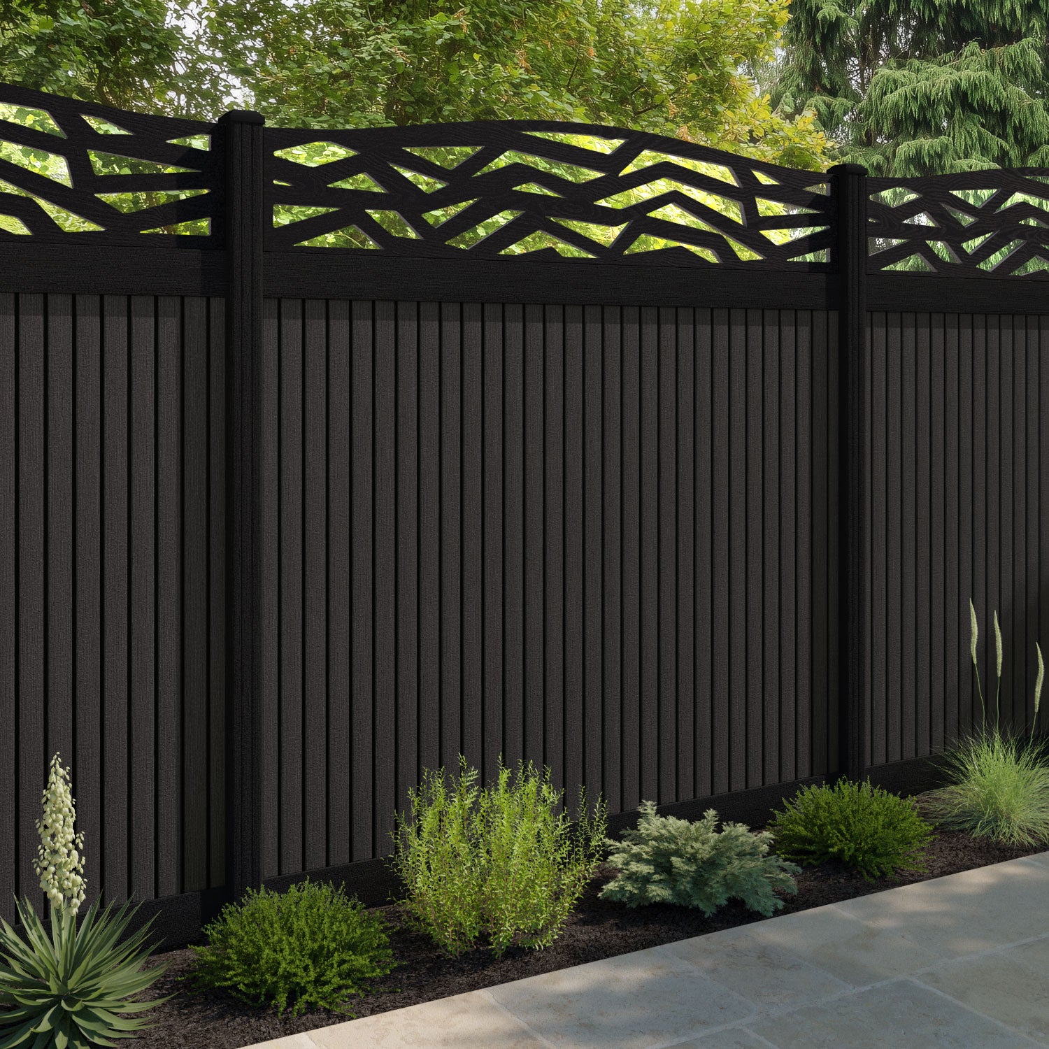 Virtis Zenith Curved Top Fence Panel - Dark Oak - with our composite posts