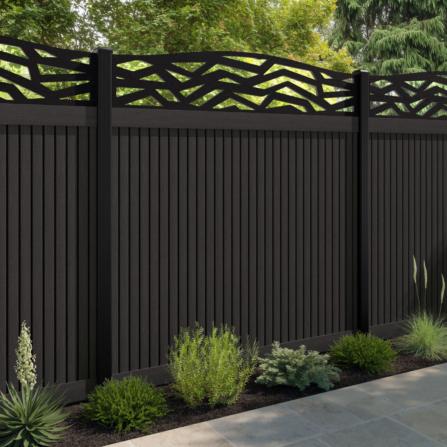Virtis Zenith Curved Top Fence Panel - Dark Oak - with our aluminium posts