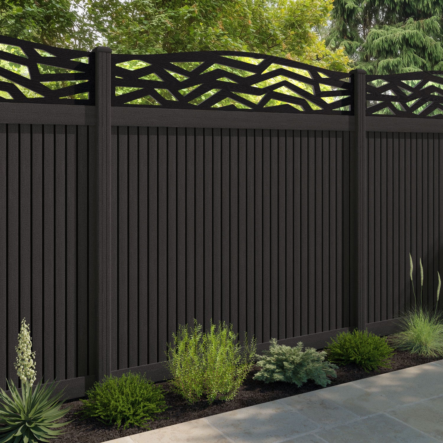 Virtis Zenith Curved Top Fence Panel - Dark Oak - with our composite posts