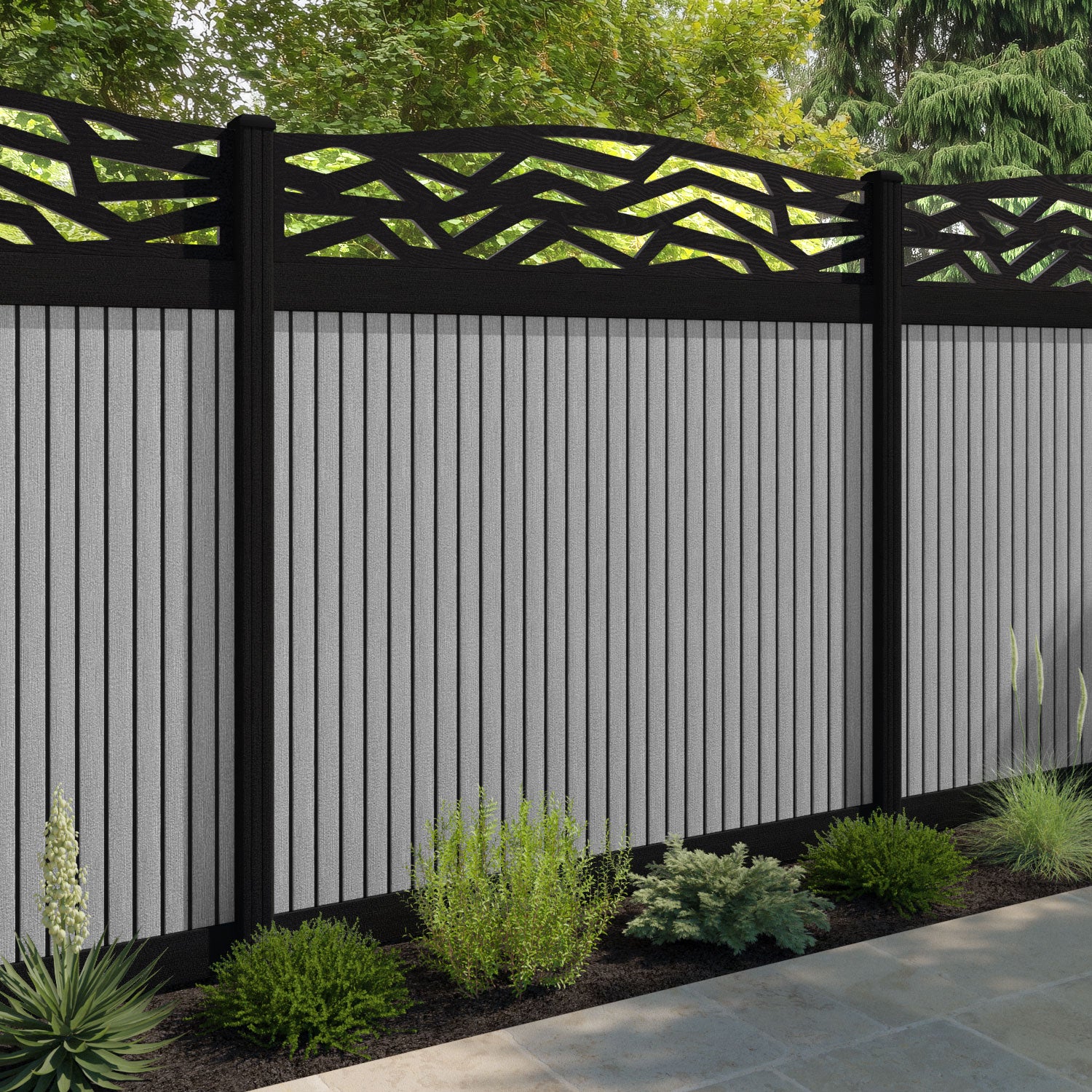 Virtis Zenith Curved Top Fence Panel - Light Grey - with our composite posts