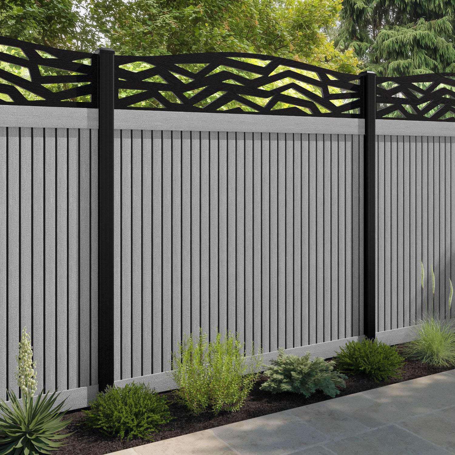 Virtis Zenith Curved Top Fence Panel - Light Grey - with our composite posts