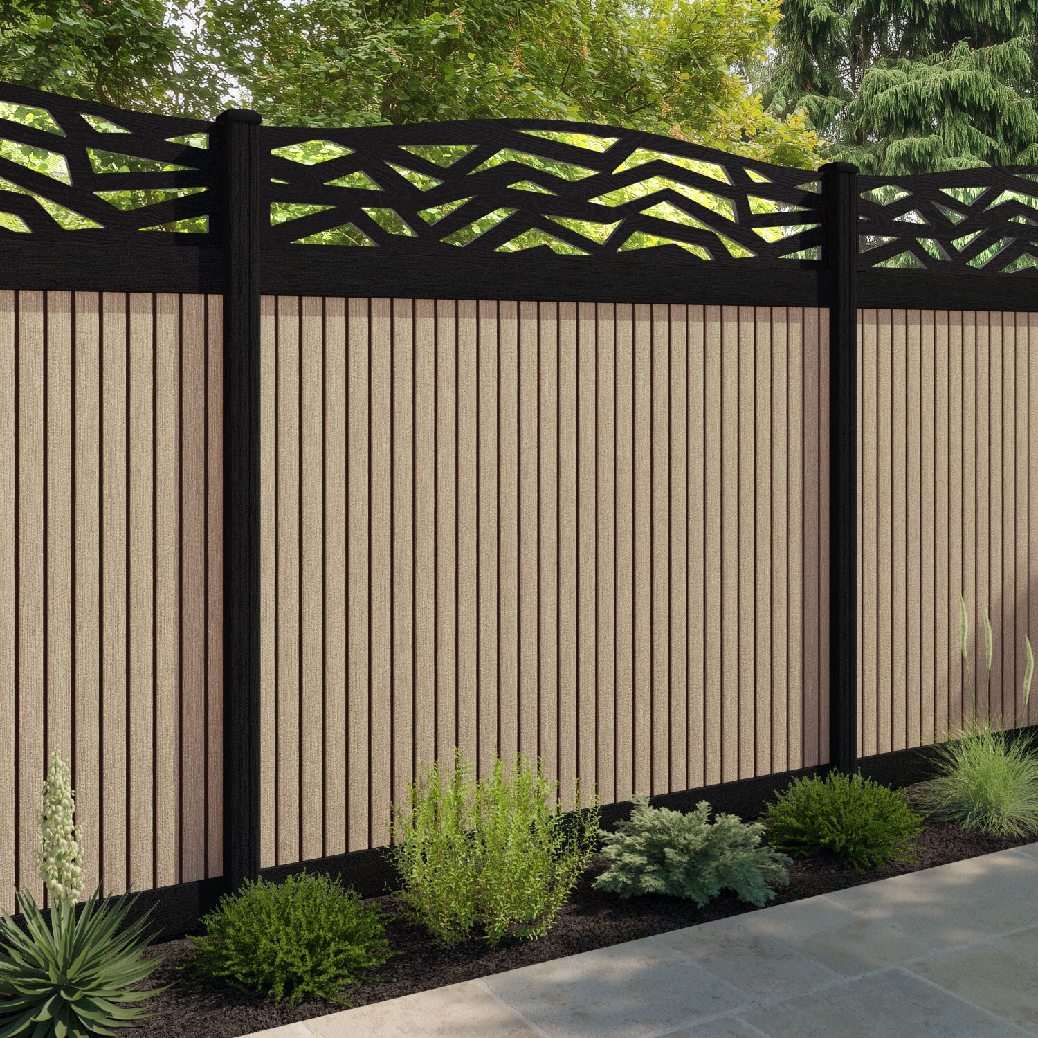 Virtis Zenith Curved Top Fence Panel - Light Oak - with our aluminium posts