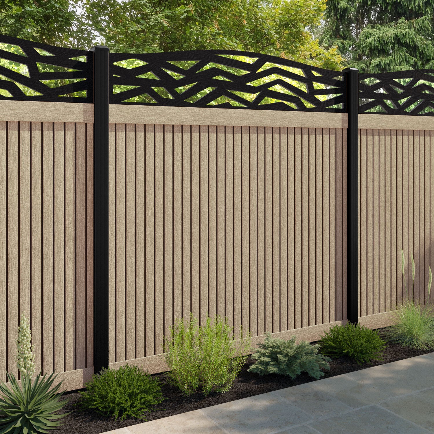 Virtis Zenith Curved Top Fence Panel - Light Oak - with our aluminium posts