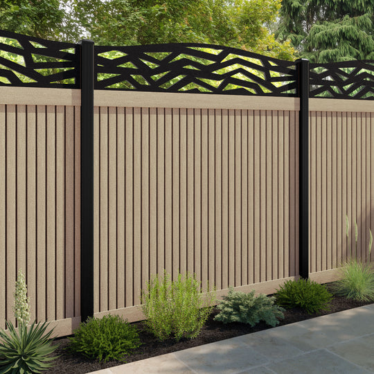 Virtis Zenith Curved Top Fence Panel - Light Oak - with our aluminium posts