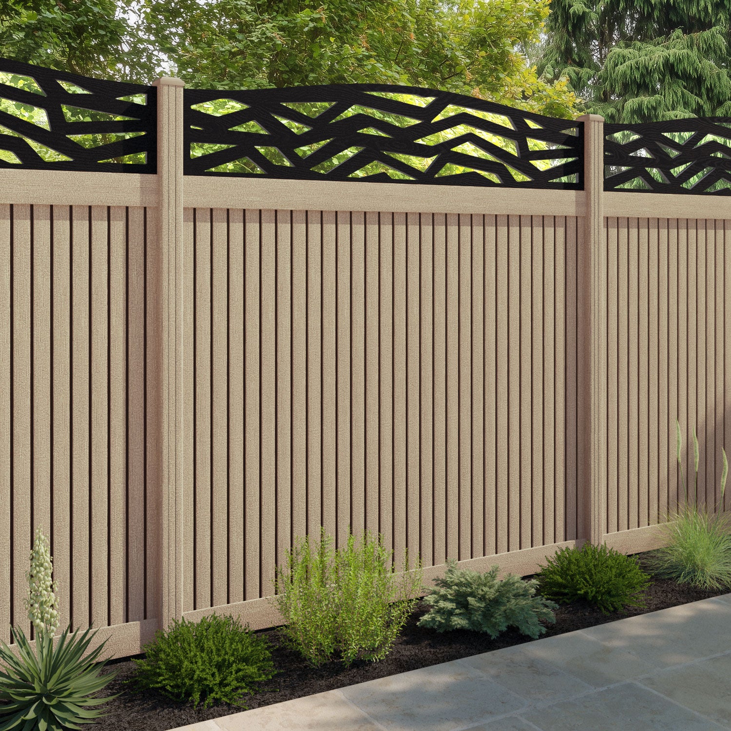 Virtis Zenith Curved Top Fence Panel - Light Oak - with our composite posts