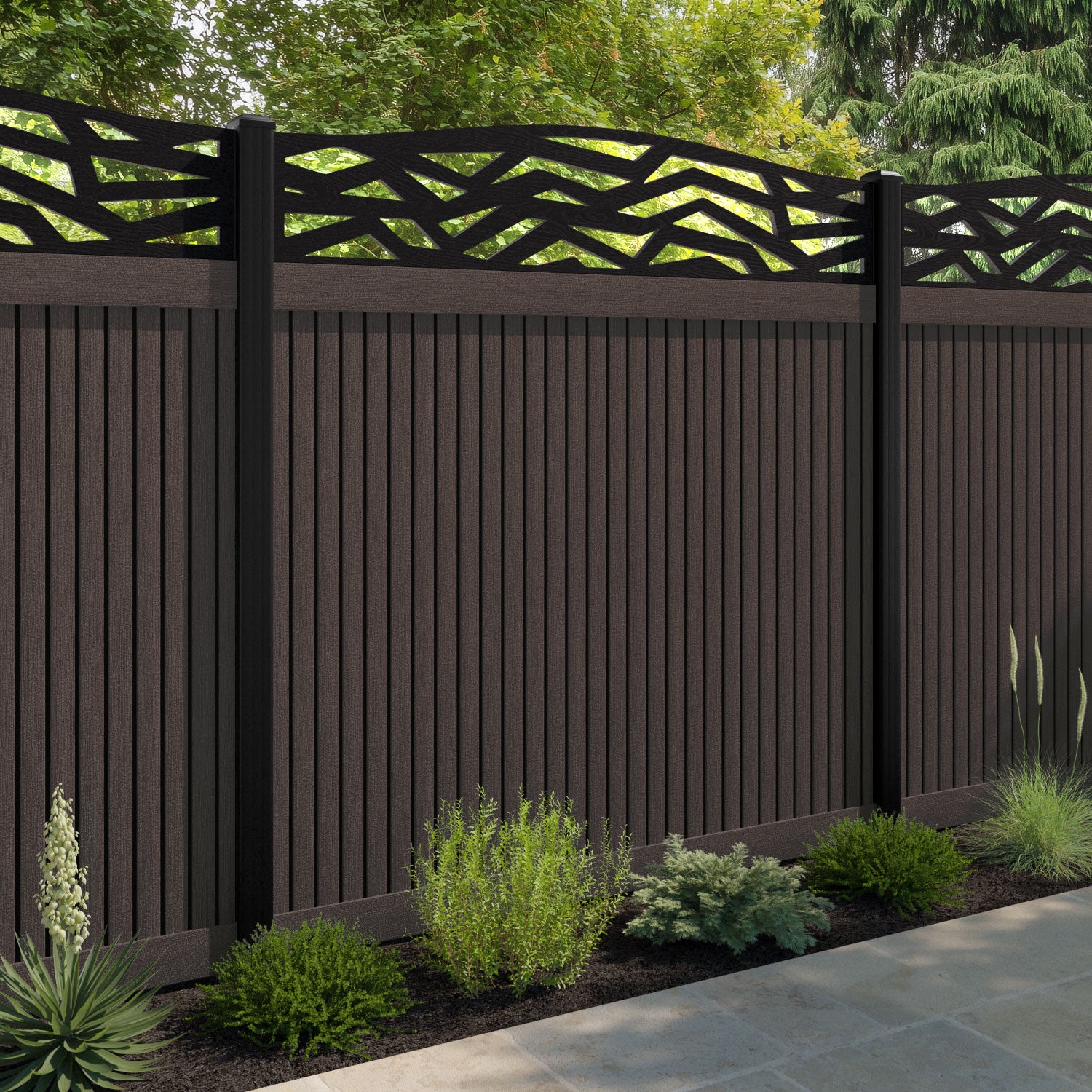 Virtis Zenith Curved Top Fence Panel - Mid Brown - with our composite posts