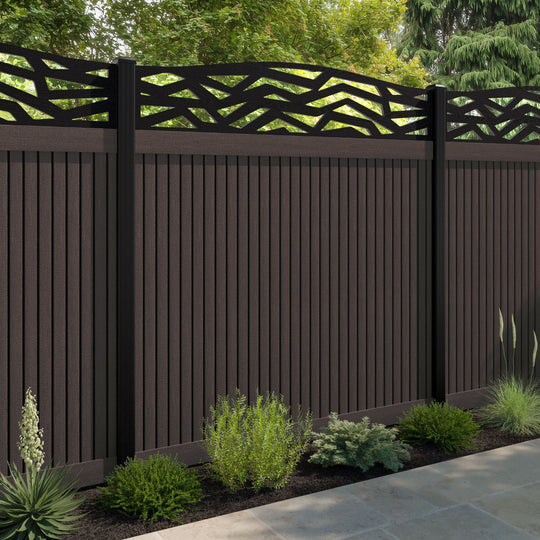 Virtis Zenith Curved Top Fence Panel - Mid Brown - with our aluminium posts