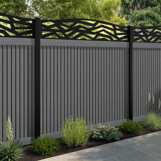 Virtis Zenith Curved Top Fence Panel - Mid Grey - with our aluminium posts