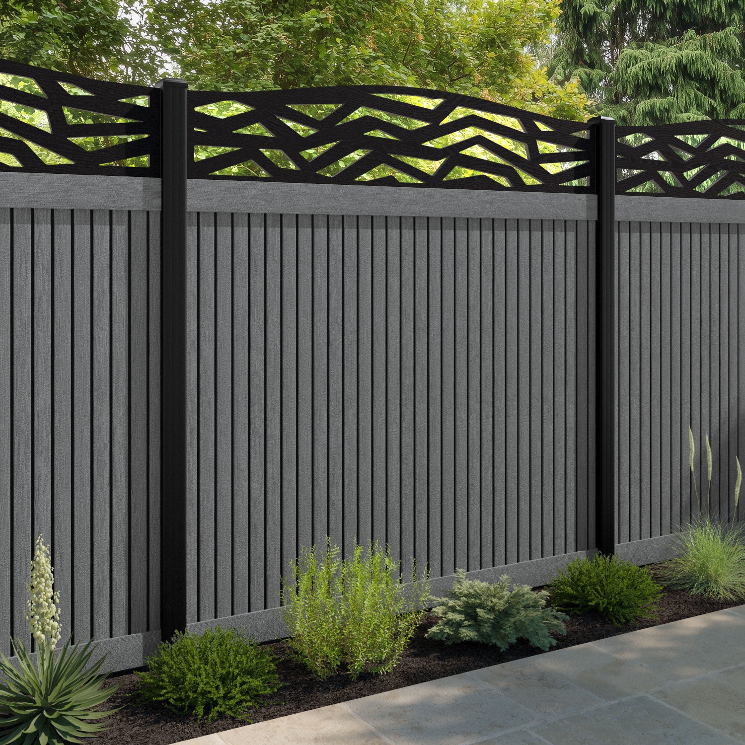 Virtis Zenith Curved Top Fence Panel - Mid Grey - with our composite posts