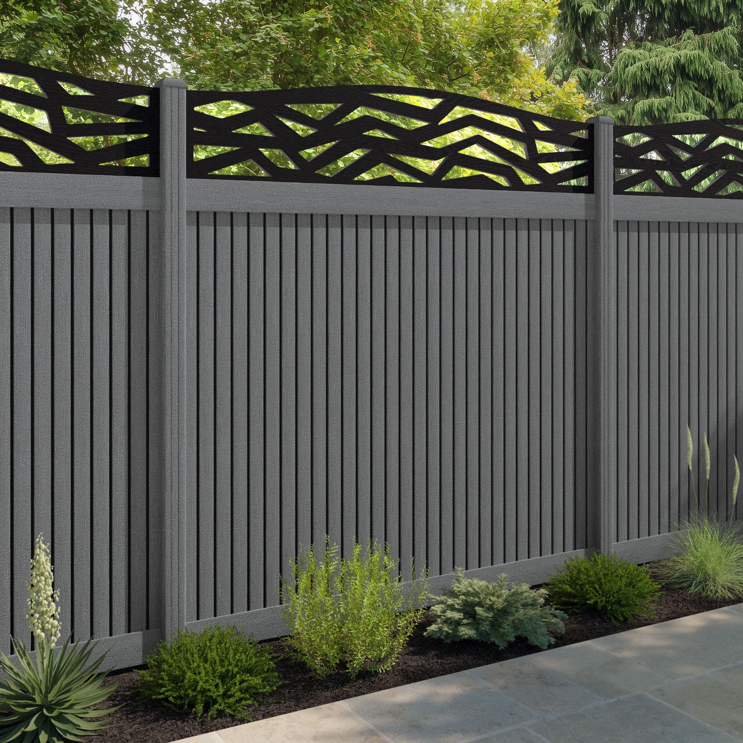 Virtis Zenith Curved Top Fence Panel - Mid Grey - with our composite posts