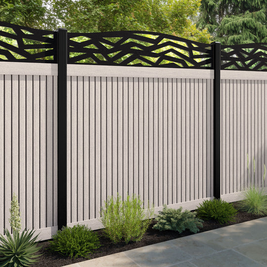 Virtis Zenith Curved Top Fence Panel - Mid Stone - with our aluminium posts