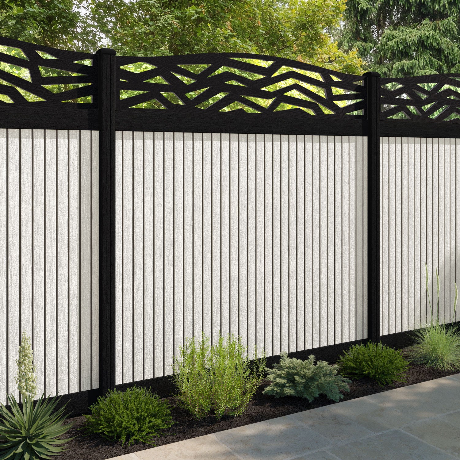 Virtis Zenith Curved Top Fence Panel - Light Stone - with our composite posts