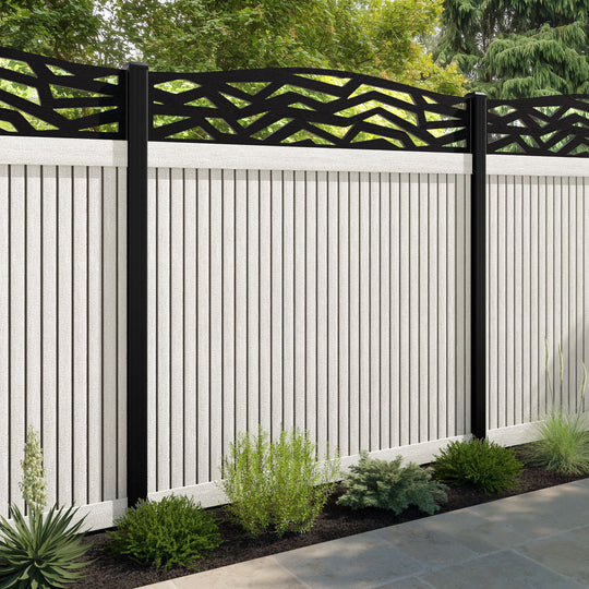 Virtis Zenith Curved Top Fence Panel - Light Stone - with our aluminium posts