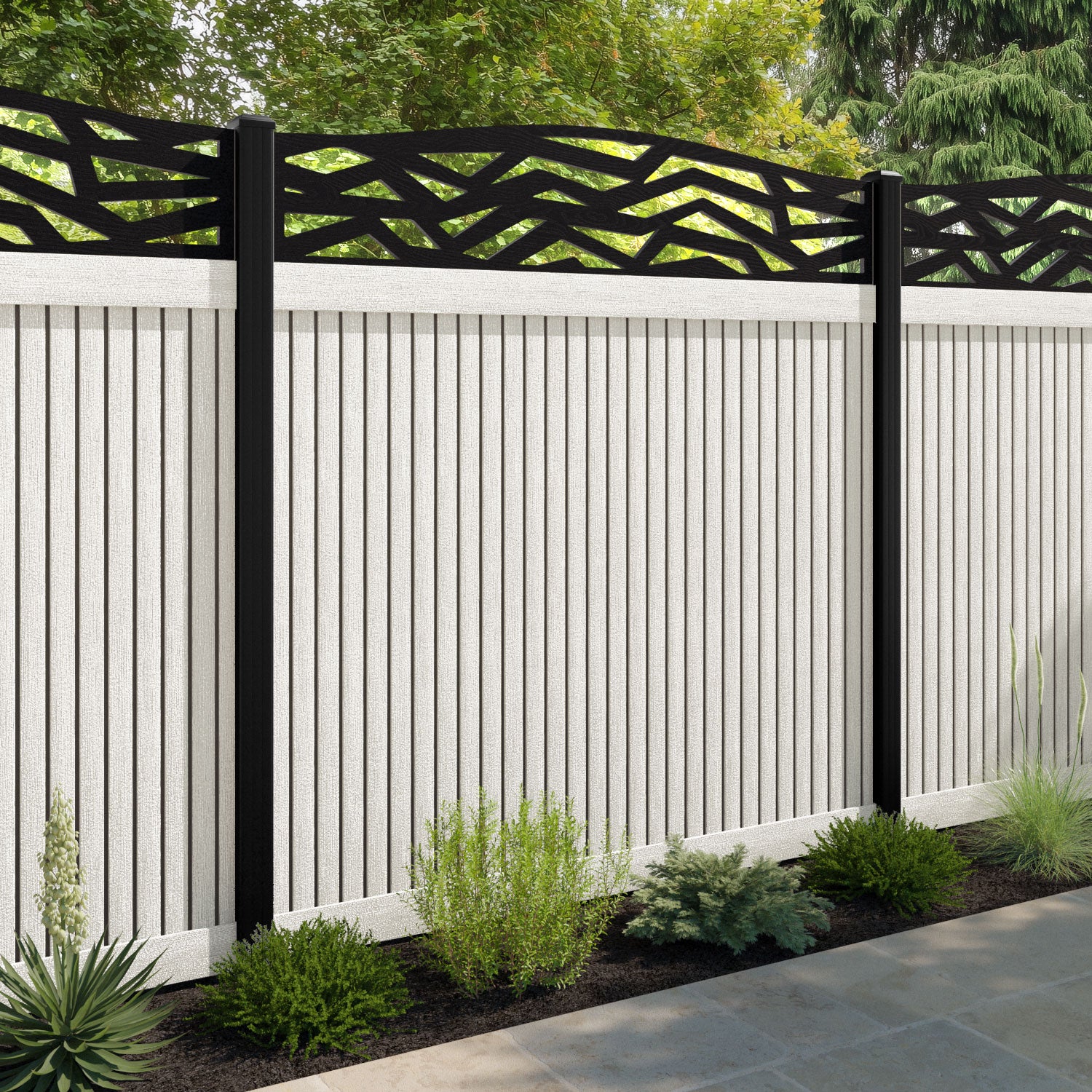 Virtis Zenith Curved Top Fence Panel - Light Stone - with our composite posts