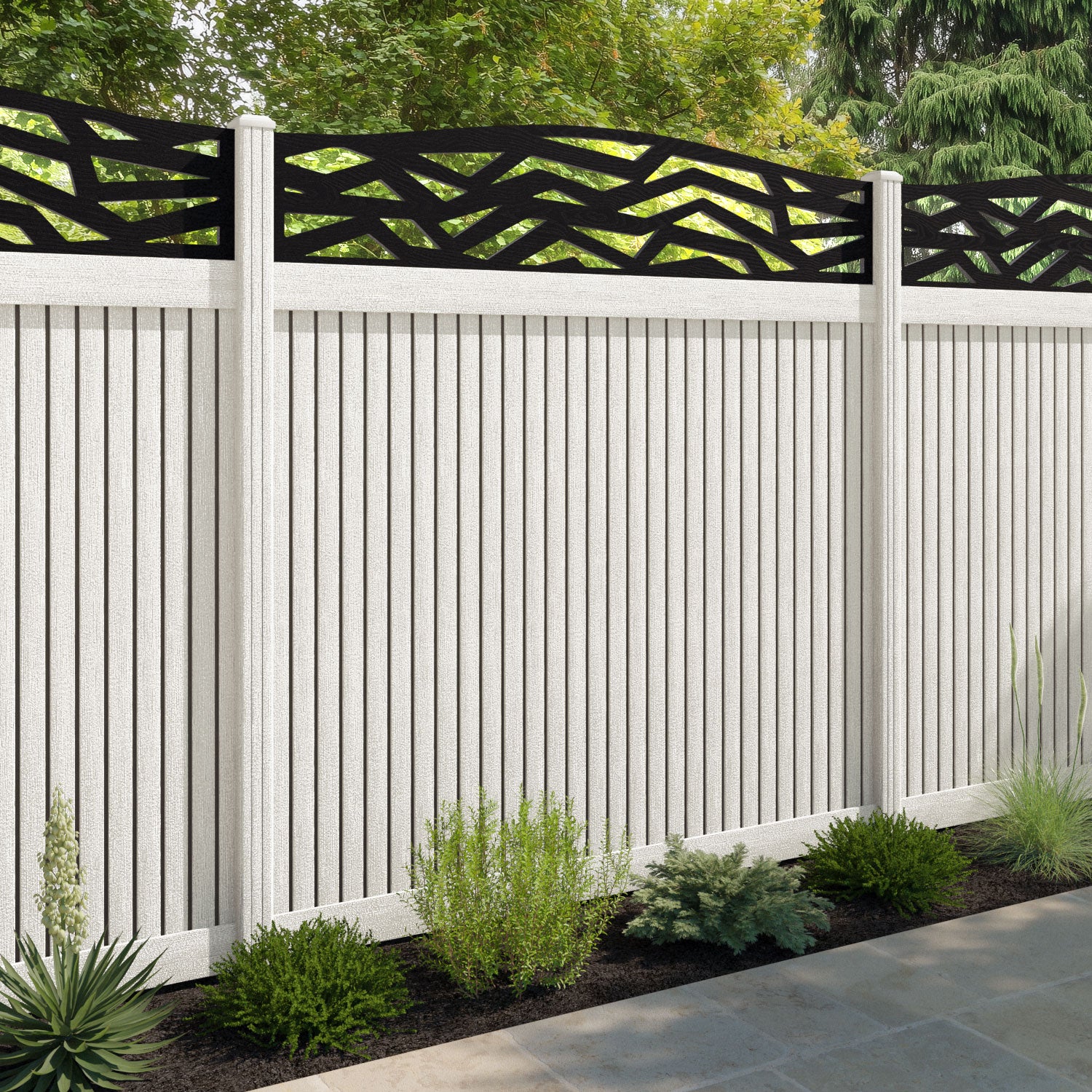 Virtis Zenith Curved Top Fence Panel - Light Stone - with our composite posts